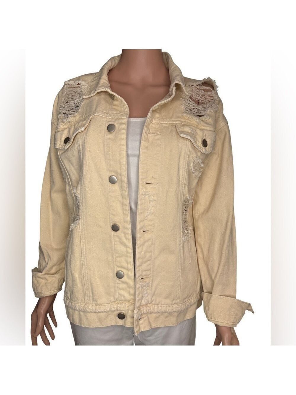 Forever 21 Beige Distressed Denim Jacket Medium